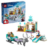 LEGO® Disney Frozen Anna's Sleigh Adventure set features a colorful sleigh, a chocolate stand, icy slopes, and characters Anna, Kristoff, Olaf, and Sven.